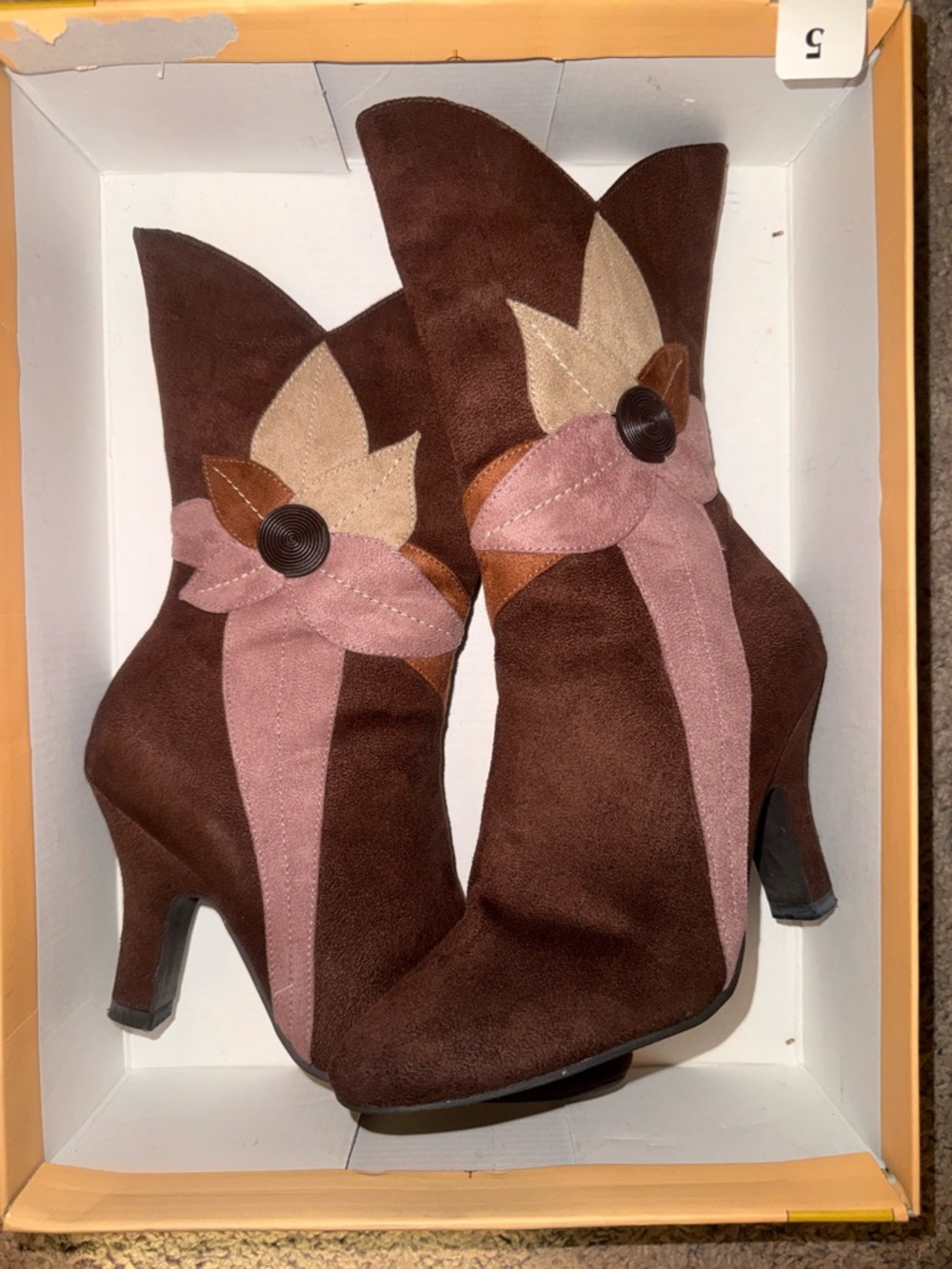 Brown Suede Floral Accent Women’s Ankle Boots - Brown & Pink size 5